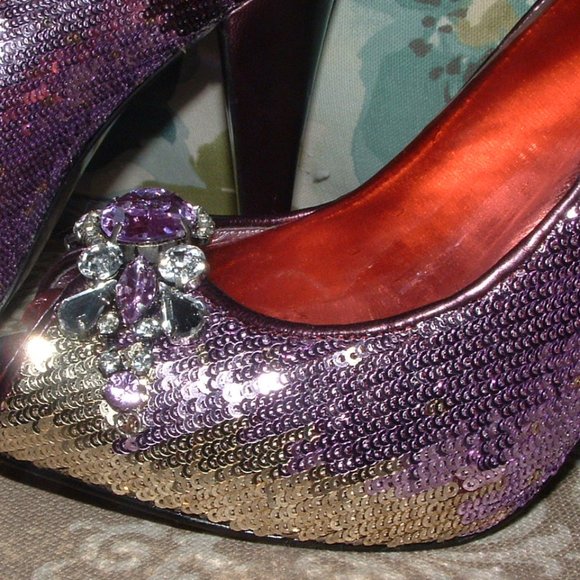Nina Gold Purple Sequin Crystal Peep Toe Heels - Picture 2 of 9